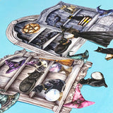 witch cabinet of curiosities ephemera pack with black cats, spell books, crystal balls and gothic shelves on blue background