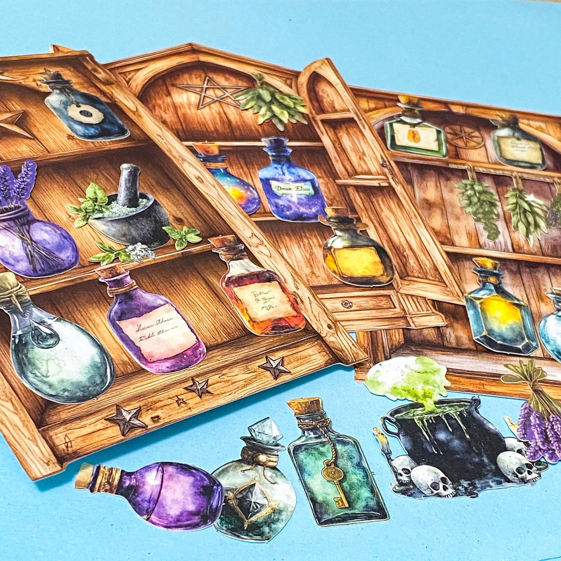 witches apothecary cabinet of curiosities ephemera pack with potion bottles, herbs, wooden shelves and cauldron on teal background