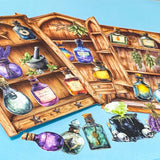 witches apothecary cabinet of curiosities ephemera pack with potion bottles, herbs, wooden shelves and cauldron on teal background