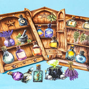 witches apothecary cabinet of curiosities ephemera pack with potion bottles, herbs, wooden shelves and cauldron on teal background