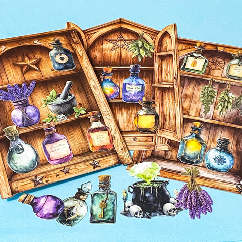 witches apothecary cabinet of curiosities ephemera pack with potion bottles, herbs, wooden shelves and cauldron on teal background