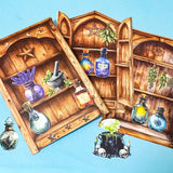 witches apothecary cabinet of curiosities ephemera pack with potion bottles, herbs, wooden shelves and cauldron on teal background