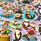 set of 50 cute otter laptop stickers in various styles including cartoon and funny designs on a lilac background