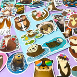 set of 50 cute otter laptop stickers in various styles including cartoon and funny designs on a lilac background