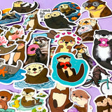 set of 50 cute otter laptop stickers in various styles including cartoon and funny designs on a lilac background