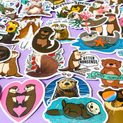 set of 50 cute otter laptop stickers in various styles including cartoon and funny designs on a lilac background