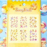 set of 6 clear kawaii chick sticker sheets with pastel yellow chicks, flowers, spring illustrations on transparent backing