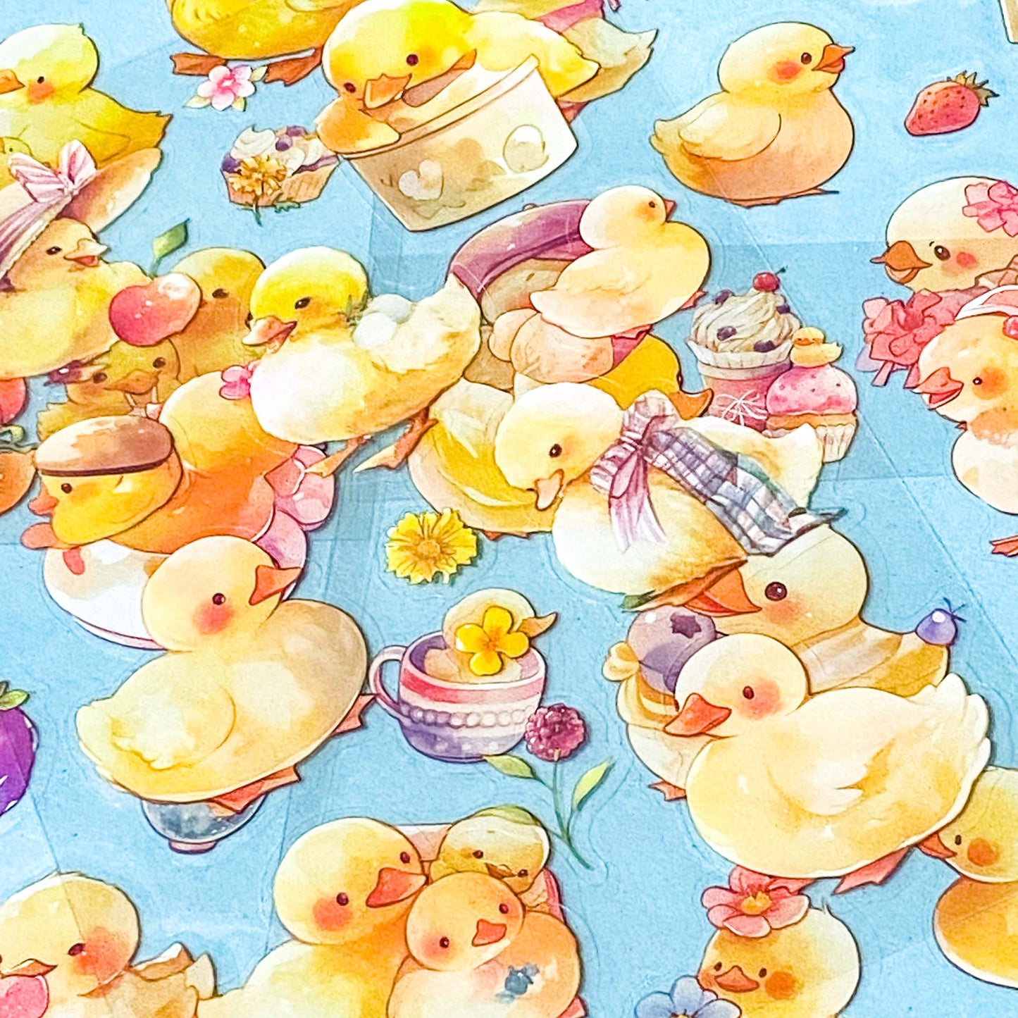 set of 6 clear kawaii chick sticker sheets with pastel yellow chicks, flowers, spring illustrations on transparent backing