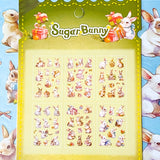 set of 6 kawaii bunny clear plastic sticker sheets with pastel rabbits, flowers and gift illustrations on a blue background