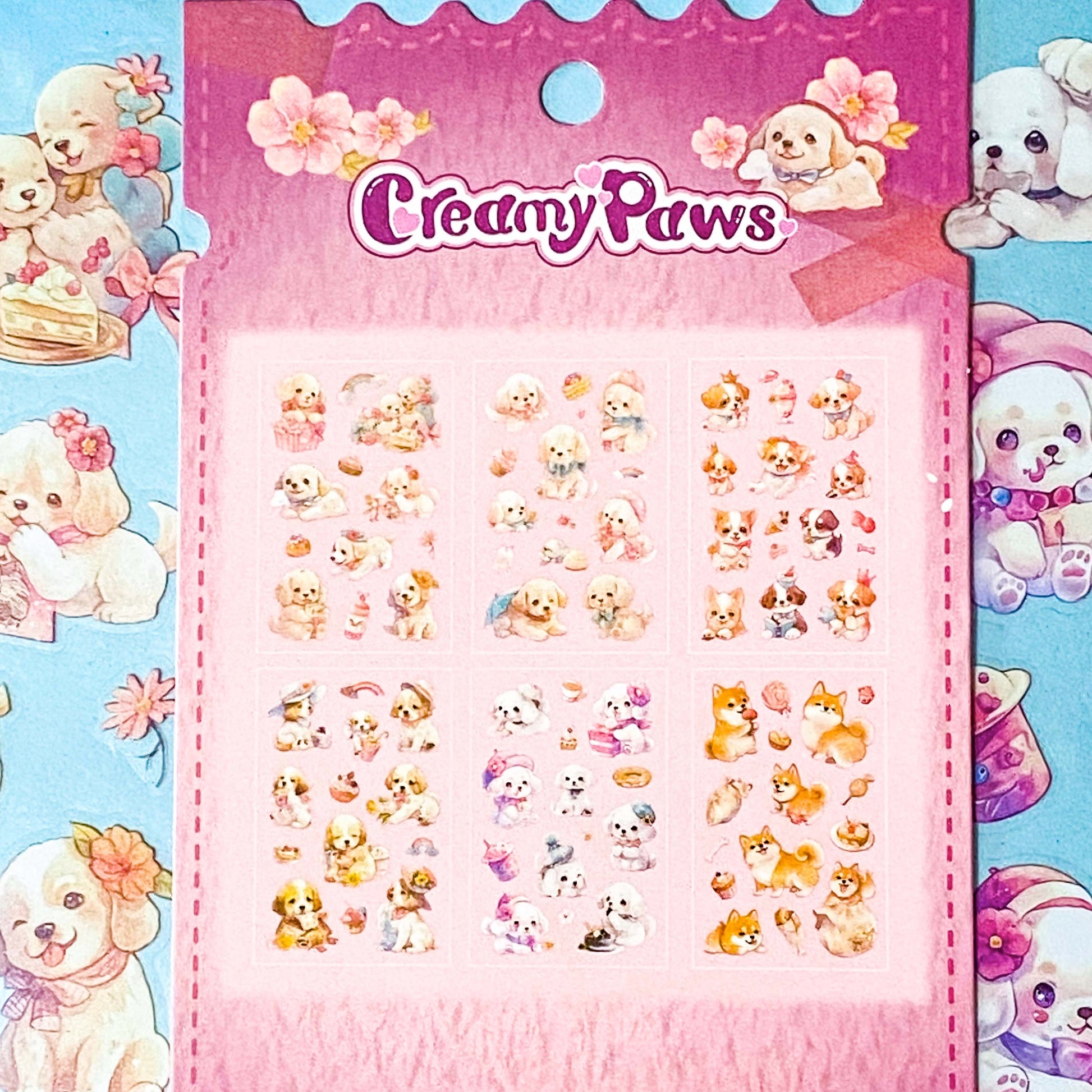 set of 6 kawaii puppy clear sticker sheets with pastel illustrations of cute dogs, desserts and accessories in a pink packet