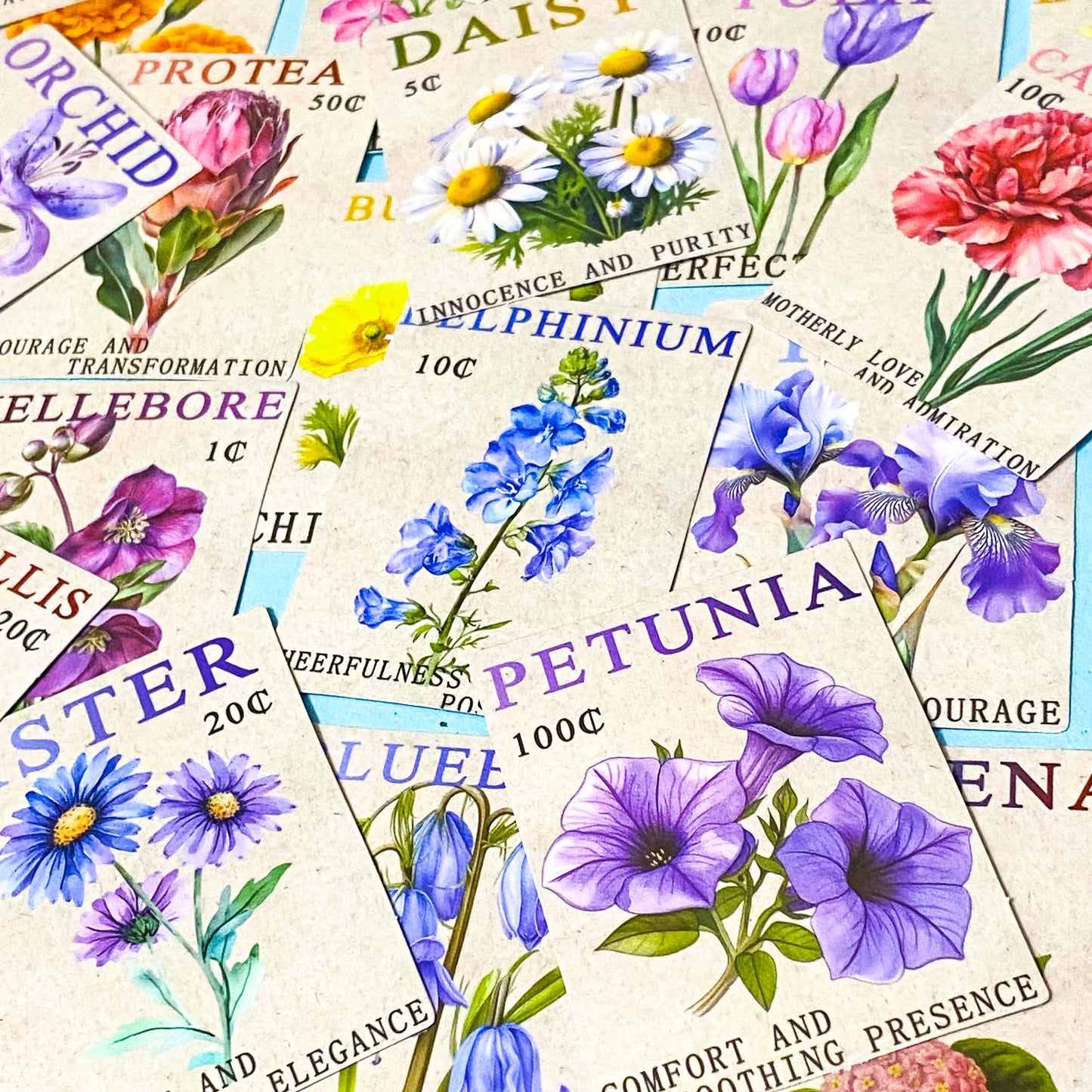 THE LANGUAGE OF FLOWERS Rectangular Stamp Large Stickers Pack of 50 For Scrapbooking, Journalling & Laptops