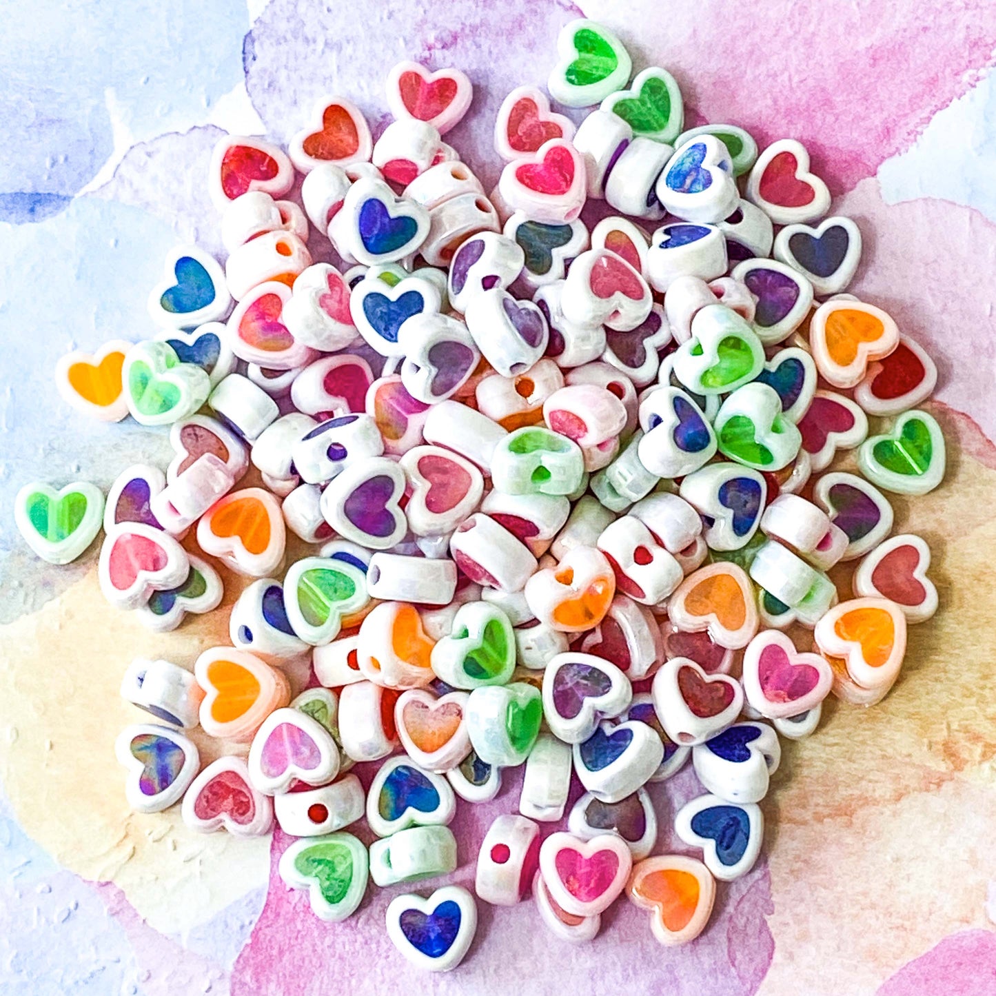 iridescent white colourful rainbow colours small 8mm acrylic bead beads plastic hearts bundle uk cute kawaii craft supplies shop store jewellery making supplies ab shimmery shimmery