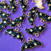 black bat bats enamel charm pendant charms cute kawaii halloween craft supplies shop store jewellery making glittery gold tone metal ghost design spooky cross red eyes glitter
