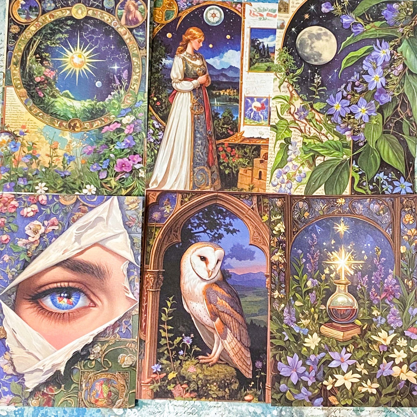 vintage style mini scrapbooking paper sheet pack of 50 including medieval maiden, moon, potion bottle and owl in ornate scenes with botanical illustrations