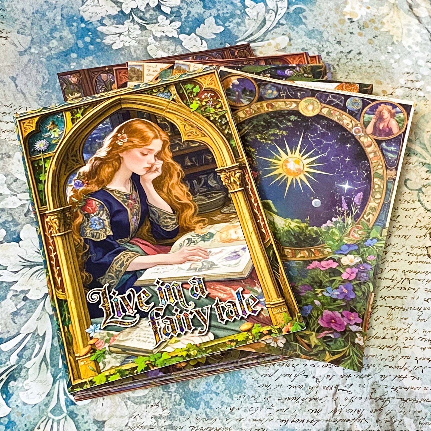 vintage scrapbook paper booklet with medieval fairytale illustration cover