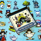 pixellated alice in wonderland 10 page clear sticker book with queen of hearts and tea pot