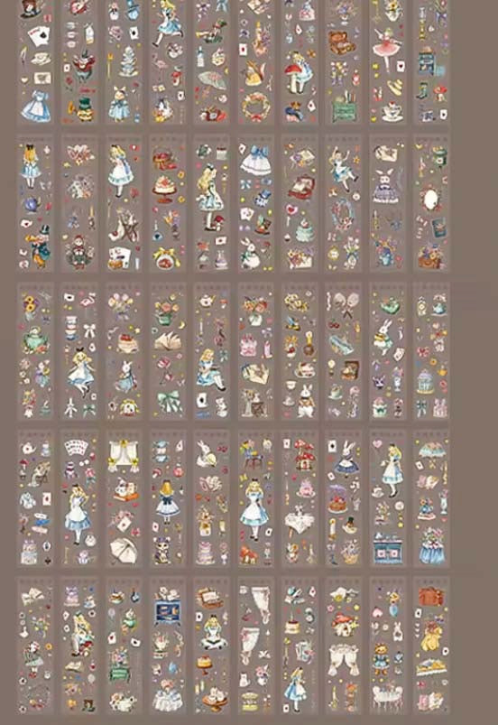 details of all the pages of stickers in the alice in wonderland long sticker book of 50 pages