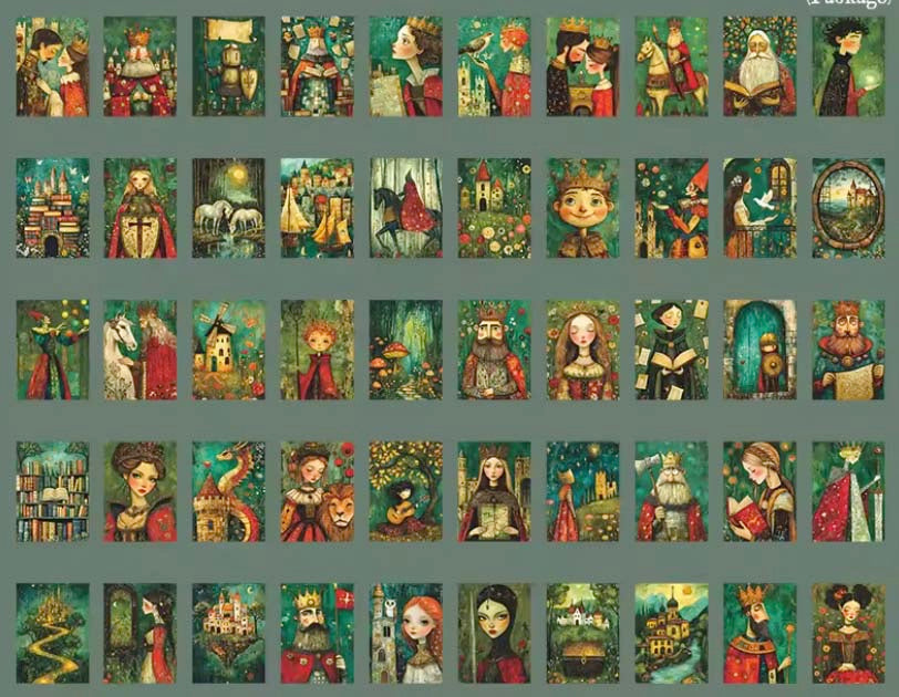 close up of green fairytale mini sticker book with 50 matte pages and illustrations of kings, queens, medieval court, horses and castles