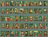 close up of green fairytale mini sticker book with 50 matte pages and illustrations of kings, queens, medieval court, horses and castles