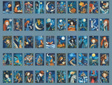close up of blue fairytale sticker book with 50 matte pages of mini stickers including designs of castles, princesses, fox, moon and night scenes