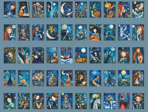 close up of blue fairytale sticker book with 50 matte pages of mini stickers including designs of castles, princesses, fox, moon and night scenes