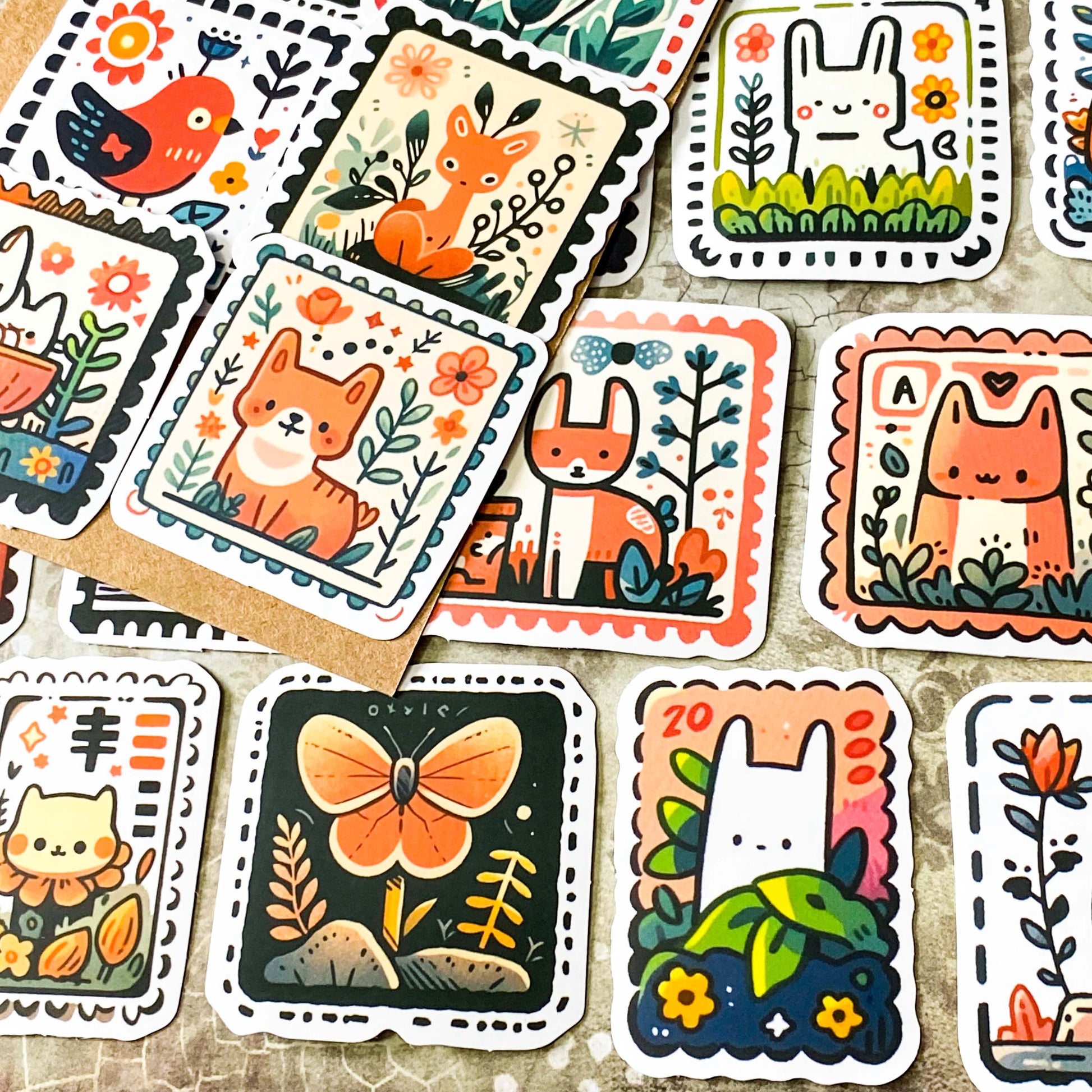 cute animal matte laptop sticker set of 50 including scandi deer, fox and cat designs with folk art aesthetic