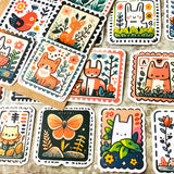 cute animal matte laptop sticker set of 50 including scandi deer, fox and cat designs with folk art aesthetic
