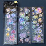 three iridescent firework sticker sheets with dreamy pink and purple and pastel holographic bursts on transparent PET material. uk cute stationery supplies