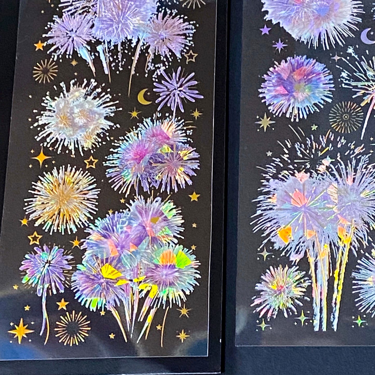 three iridescent firework sticker sheets with dreamy pink and purple and pastel holographic bursts on transparent PET material. uk cute stationery supplies