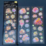 three clear holographic PET sticker sheets featuring colourful red and pink pastel fireworks and celestial night sky. uk cute stickers shop for planning and juornaling.