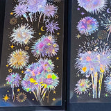 three iridescent firework sticker sheets with dreamy pink and purple and pastel holographic bursts on transparent PET material. uk cute stationery supplies
