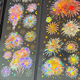 three clear holographic PET sticker sheets featuring colourful red and pink pastel fireworks and celestial night sky. uk cute stickers shop for planning and juornaling.
