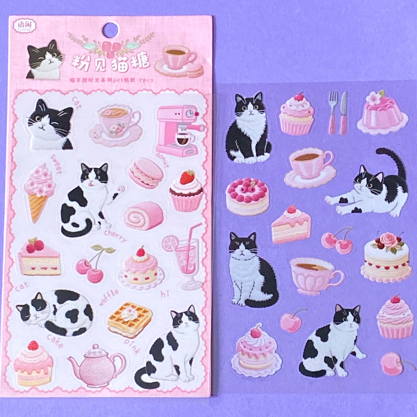 2 sticker sheets of pink food stickers with cute black and white tuxedo cats, cherries, cakes, teapot, ice creams and kawaii foods. Uk planner stickers shop