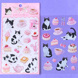 2 sticker sheets of pink food stickers with cute black and white tuxedo cats, cherries, cakes, teapot, ice creams and kawaii foods. Uk planner stickers shop