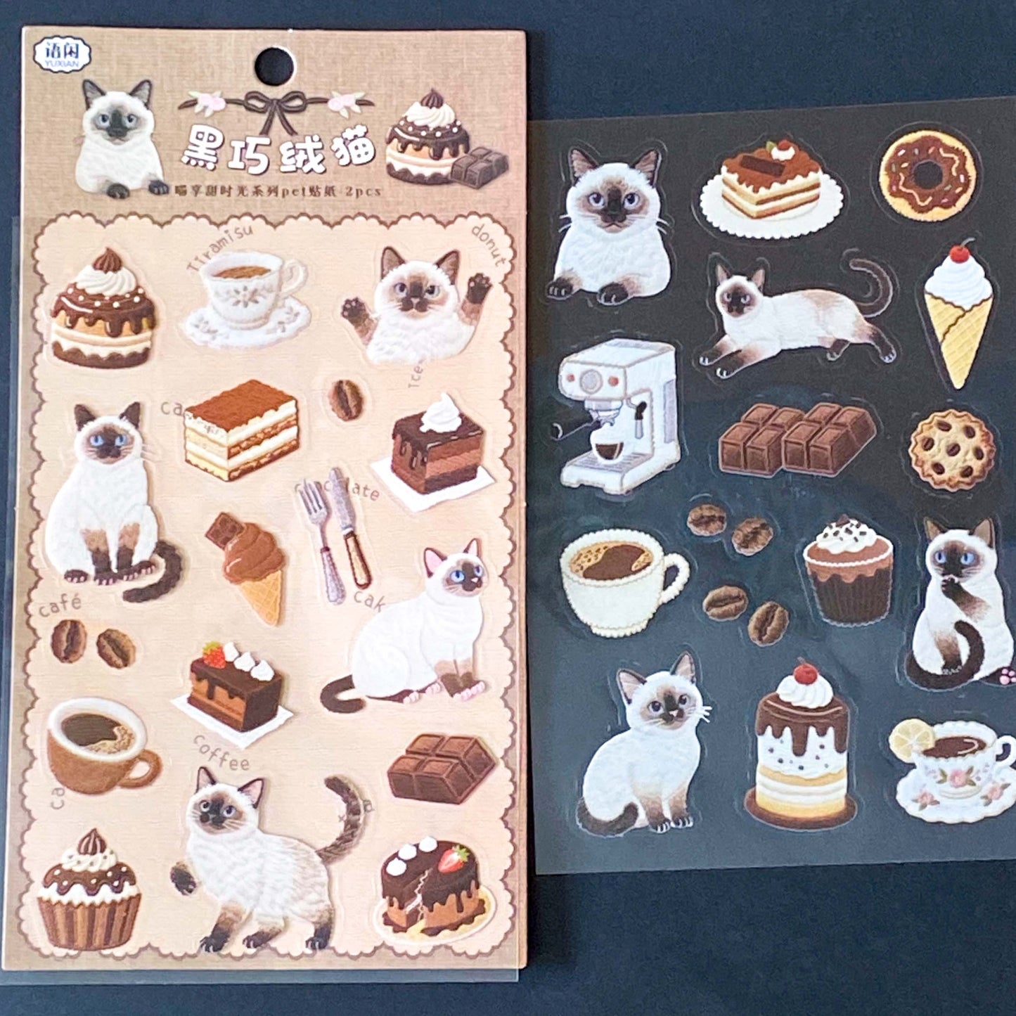 sticker sheets with clear PET cats and cafe food and drinks including siamese cat, coffee, cake, ice cream and pastries