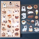 sticker sheets with clear PET cats and cafe food and drinks including siamese cat, coffee, cake, ice cream and pastries