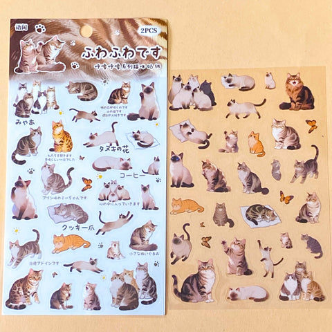 two sheet pack of pedigree cats stickers PET clear plastic including siamese, bengal and ginger cats having fun. uk cute kawaii stationery shop and planner supplies
