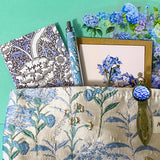 satin hydrangeas letterbox gift set with a lined satin-finish hydrangeas pouch, floral crystal bracelet, notebook, black ballpoint pen, metal bookmark,  2 hydrangea blank note cards and floral sticker sheets. 