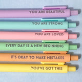 pastel motivational quote sating motto phrase word words pen pens black click ink ballpoint biro uk cute kawaii stationery shop store blue int green lilac yellow pink orange gift gifts matte soft touch 
