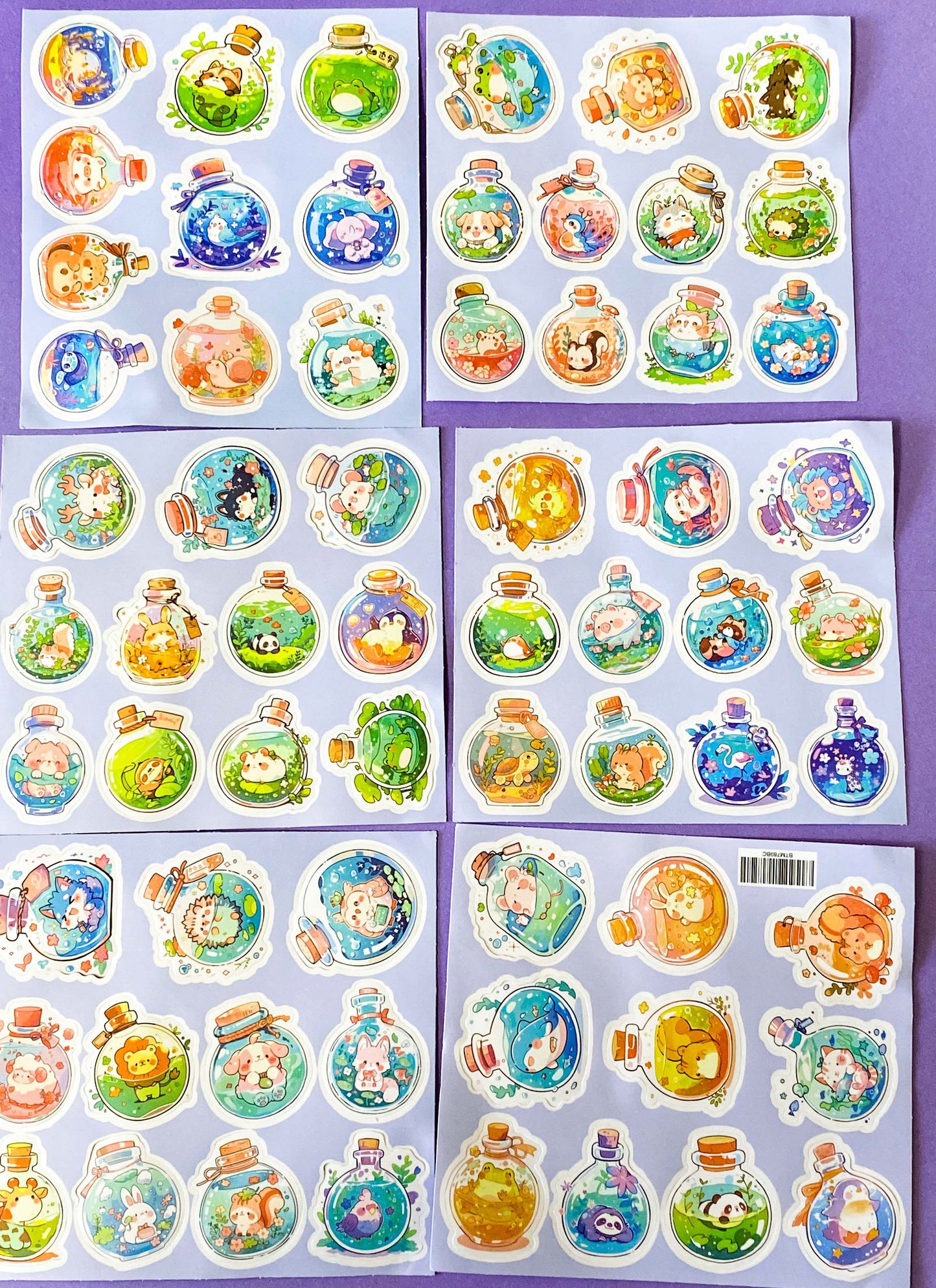 kawaii potion bottle sticker sheets with cute animals inside glass bottles, pastel journal stickers set
