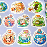 kawaii potion bottle sticker sheets with cute animals inside glass bottles, pastel journal stickers set