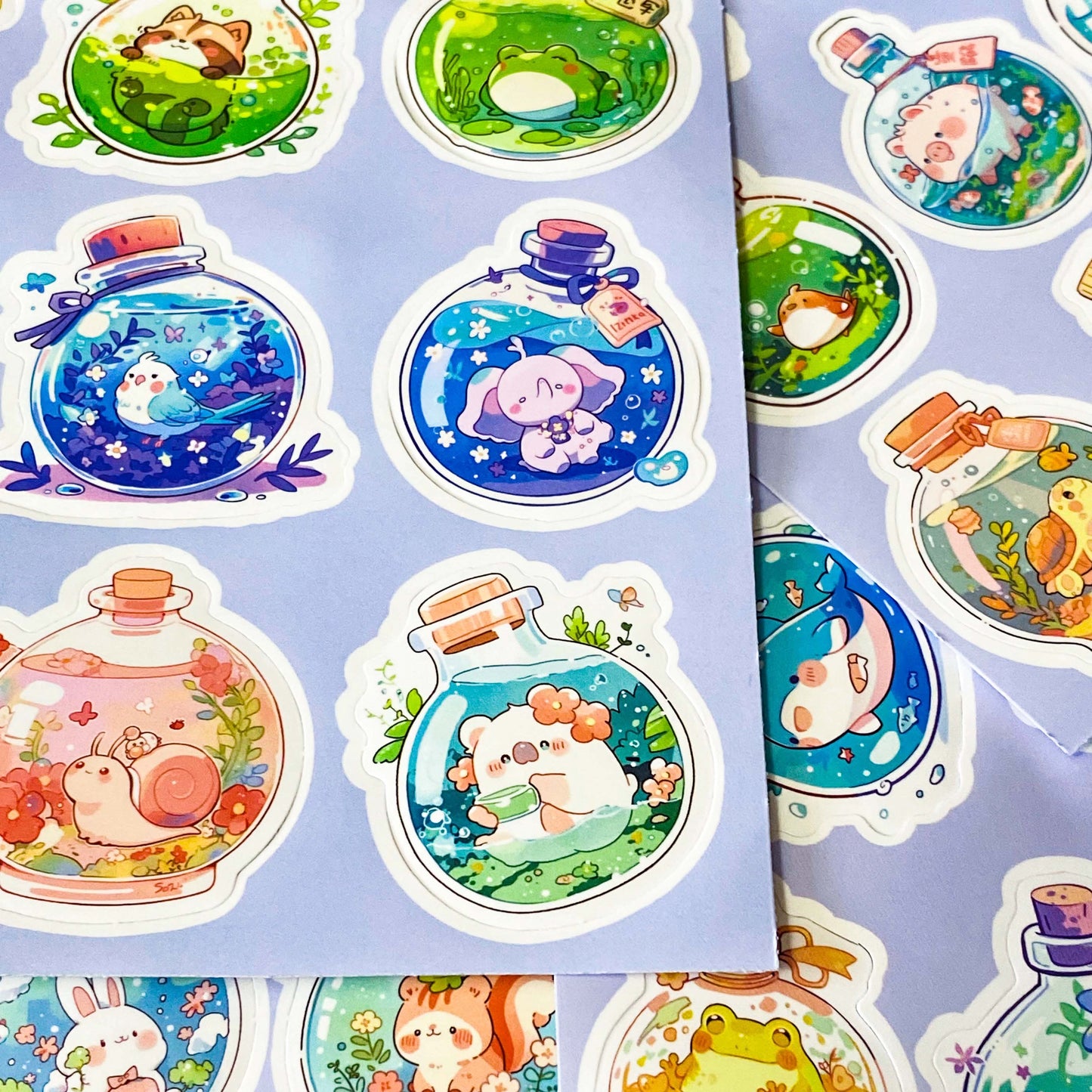kawaii potion bottle sticker sheets with cute animals inside glass bottles, pastel journal stickers set