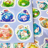 kawaii potion bottle sticker sheets with cute animals inside glass bottles, pastel journal stickers set