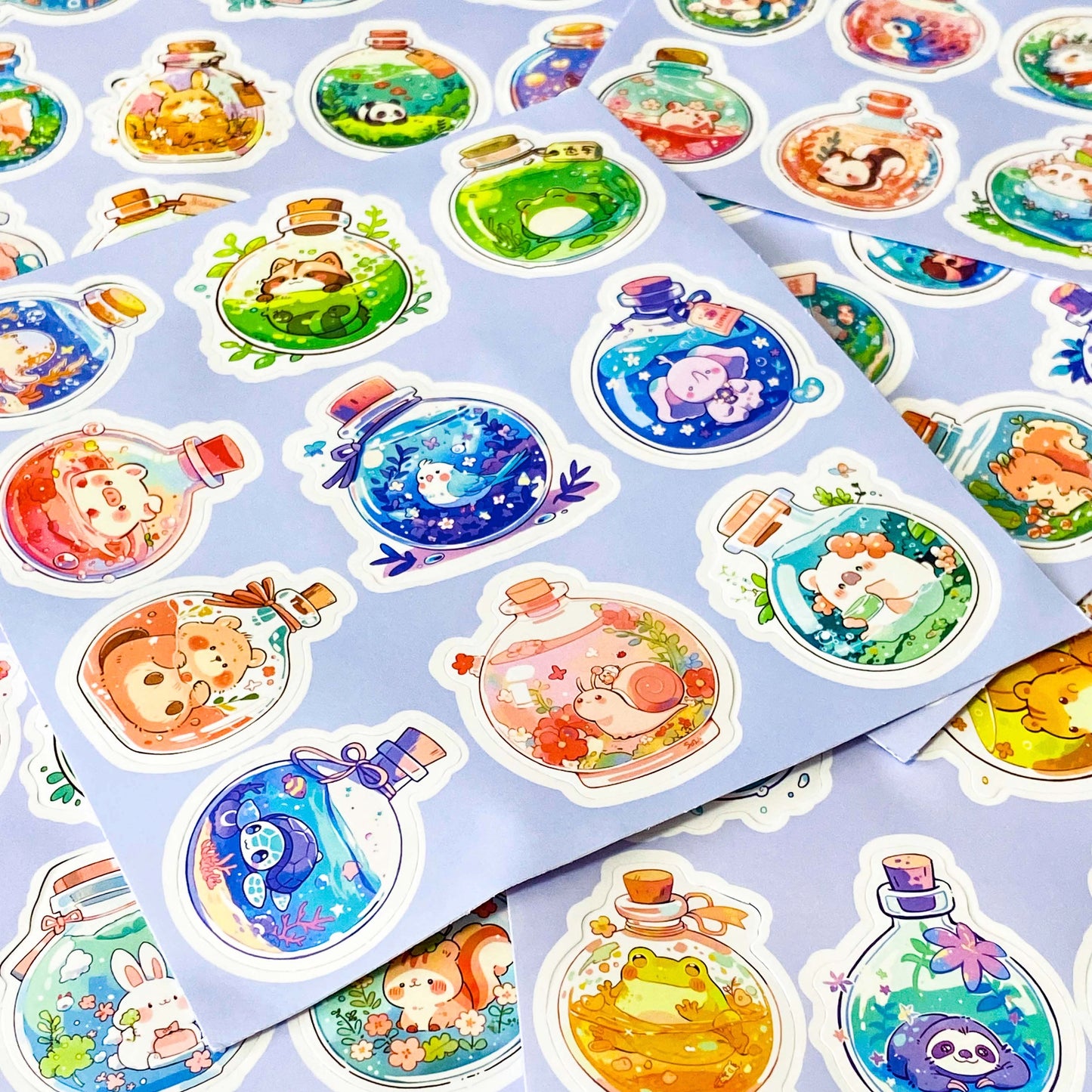 kawaii potion bottle sticker sheets with cute animals inside glass bottles, pastel journal stickers set