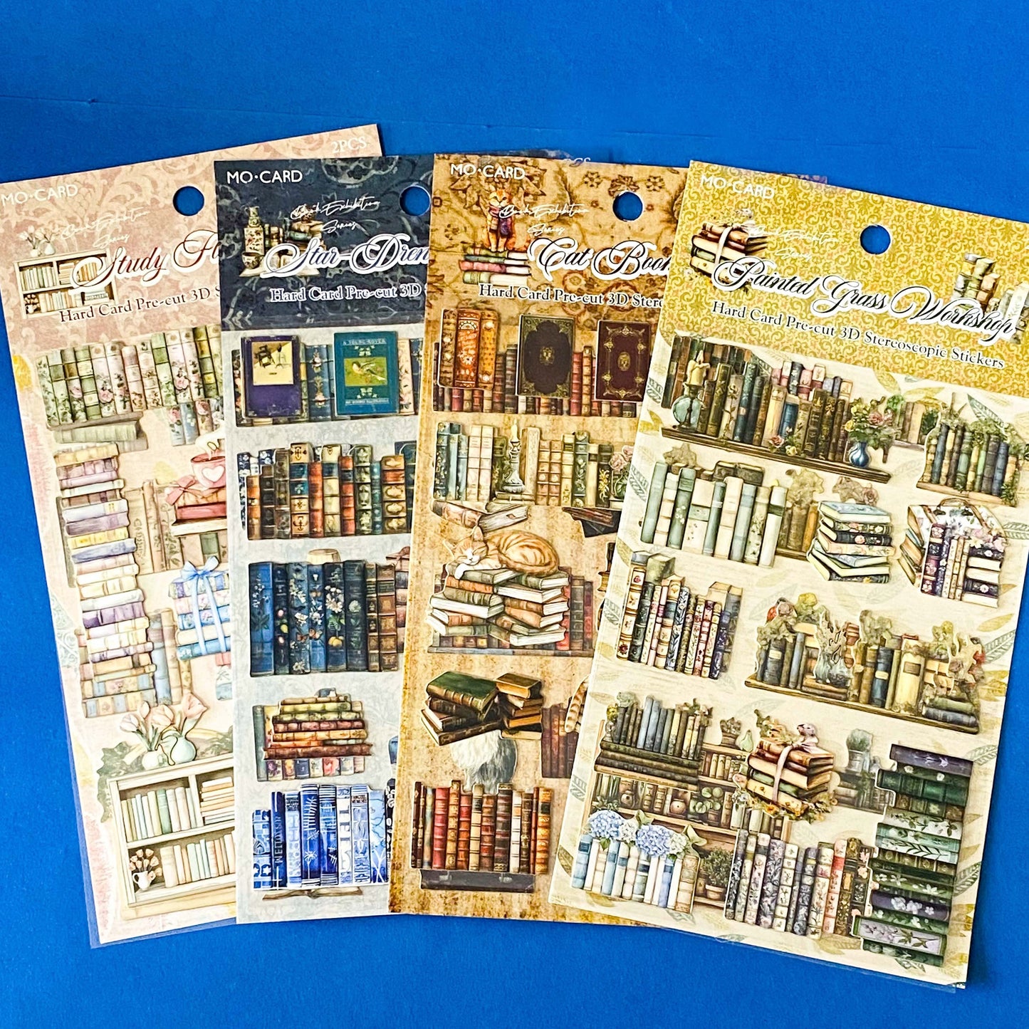 vintage bookshelf card stickers on clear plastic, antique book stack journal stickers, aesthetic library scrapbook stickers