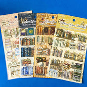 vintage bookshelf card stickers on clear plastic, antique book stack journal stickers, aesthetic library scrapbook stickers