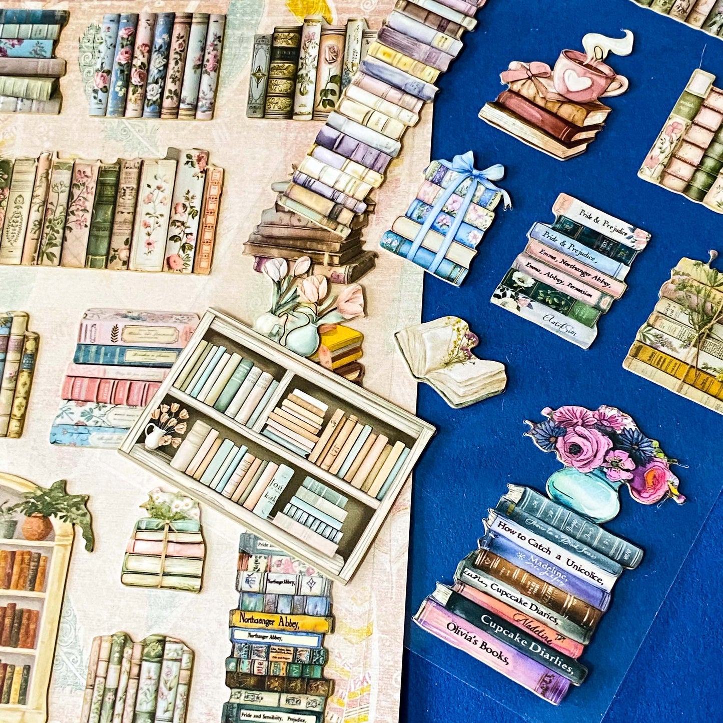 pastel vintage bookshelf pretty card stickers on clear plastic background, book stacks and flowers, library aesthetic stationery