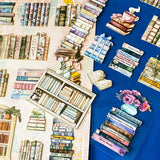 pastel vintage bookshelf pretty card stickers on clear plastic background, book stacks and flowers, library aesthetic stationery