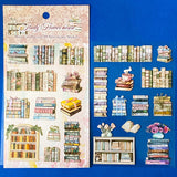 pastel bookshelf sticker pack of 2 clear sheets with mug, book stacks, flowers and vintage floral books on card stock