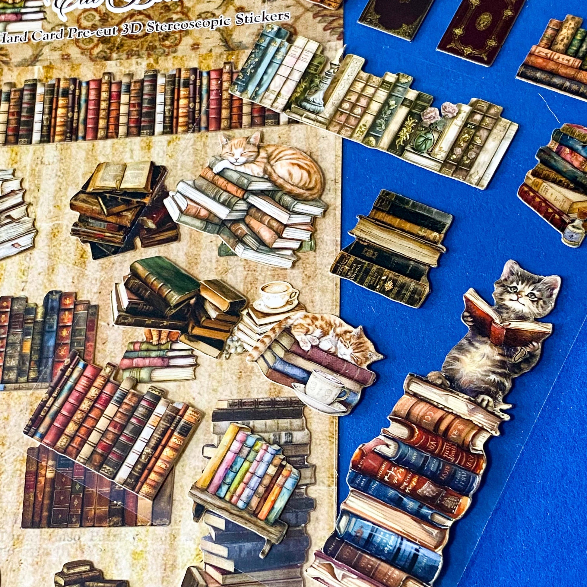 cats in the library vintage aesthetic card stickers on clear plastic backing sheet. victorian book stacks and furry cat illustrations